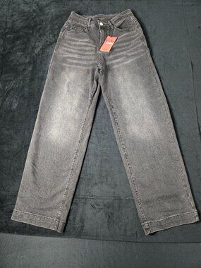 EMMIOL Women's S High Rise Baggy Wide Leg Jeans Washed Black NWT